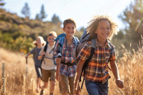 Group of kids hiking together outdoors exploring the wilderness and having fun