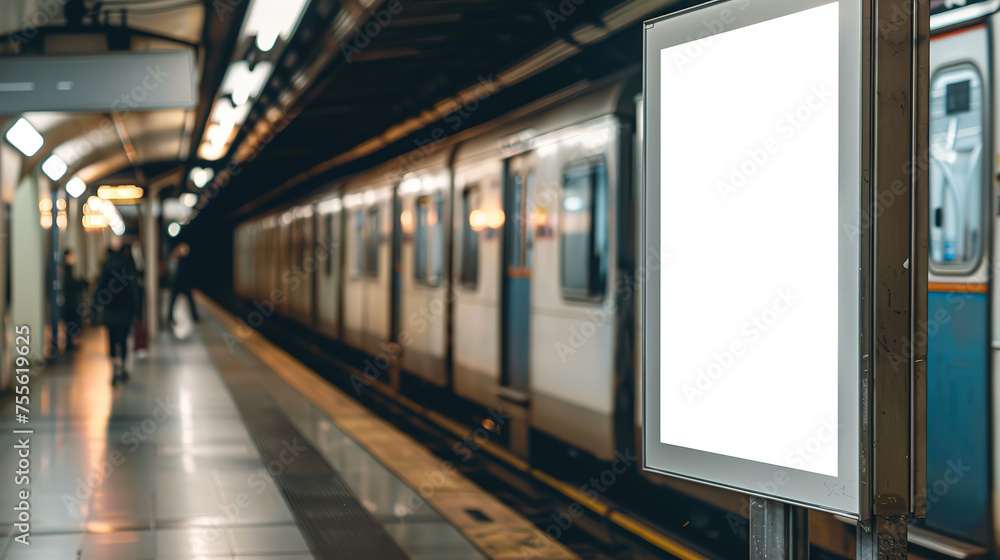 Fototapeta premium A white Mockup of an advertising stand on a Subway train