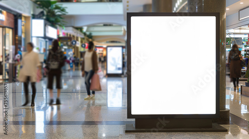 A white mockup of an advertising stand in a Shopping center