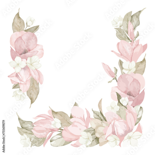 Pink floral frame with leaves