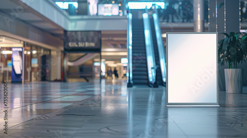 A white mockup of an advertising stand in a Shopping center