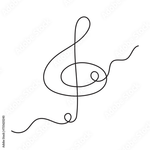 Treble clef one line art, hand drawn continuous contour outline.Love music composition concept,minimalist template melody art design.Editable stroke.Isolated.Vector illustration