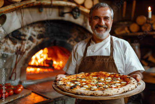 pizza maker holds ready-made beautiful pizza with basil c against the background of a wood-burning oven