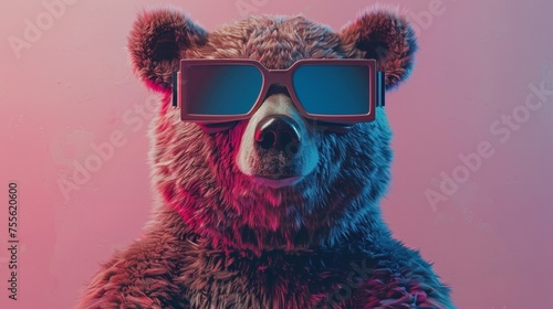 A bear wearing sunglasses with a pink background and red filter, AI photo