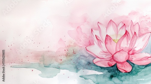 Watercolor greeting card with pink lotus and pastel background and empty space for text