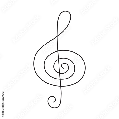 Treble clef one line art, hand drawn continuous contour outline.Love music composition concept,minimalist template melody art design.Editable stroke.Isolated.Vector illustration