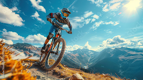 Athlete jumping on a Mountain Bike, summer mountain landscape