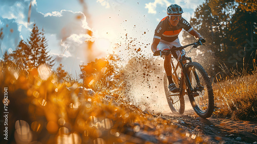 Athlete jumping on a Mountain Bike, summer mountain landscape © Irina