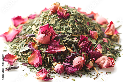 Pink Matcha. Dry tea with rose petals isolated on a white background. photo