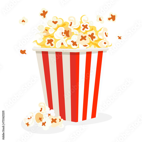 Flat style popcorn box. Popcorn is a staple snack for watching a film. Isolated on a white background. Vector image