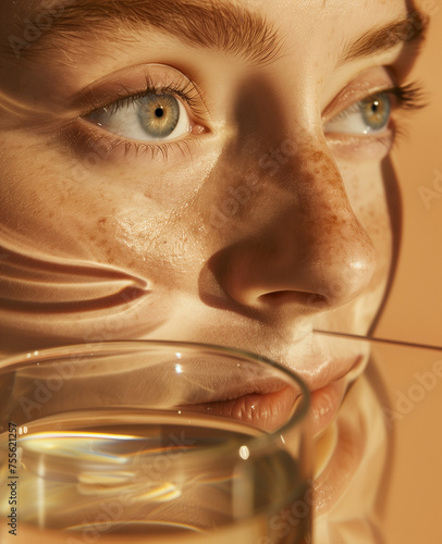 person with a glass of water.Minimal creative drink concept. photo