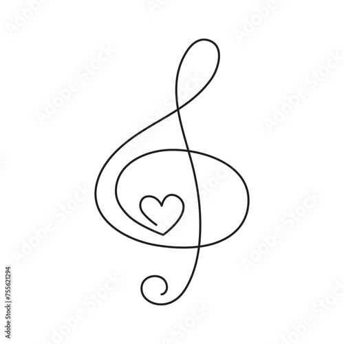 Treble clef and heart one line art,hand drawn continuous contour outline.Love music composition concept,minimalist romantic design,song for Valentines day February 14.Editable stroke.Isolated.Vector