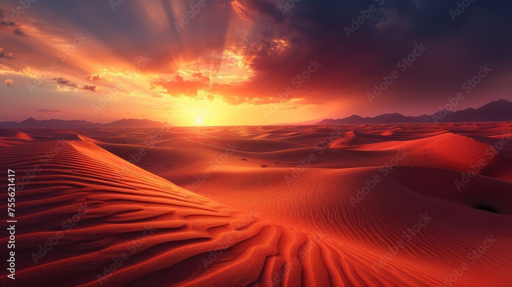 Stunning Sunset over Expansive Red Desert Dunes.