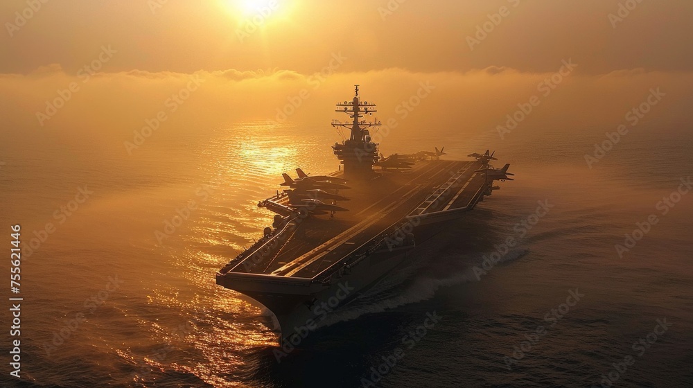 Aerial drone photo of latest technology nuclear powered aircraft carrier anchored in deep blue open ocean sea. Aerial drone photo of latest technology nuclear powered aircraft carrier anchored in deep blue open ocean sea.