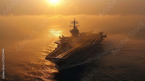 Aerial drone photo of latest technology nuclear powered aircraft carrier anchored in deep blue open ocean sea.