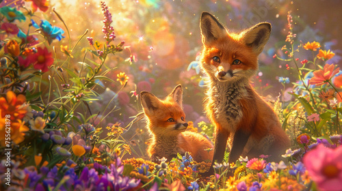 Cheerful animated fox cubs playing in a whimsical garden of oversized soft pastel flowers under a sparkling rainbow sky embodying pure joy © weerasak