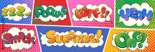 Set of comic speech bubbles, comic wording sound effects design, comic book text clouds. Comic pop art book oops, wow, pow, boom Creative retro balloons with funny slang phrases and expressions.