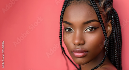 A woman with dark hair and a dark skin tone is standing in front of a red background. She has a serious expression on her face. A beautiful black woman with stylish braided hair