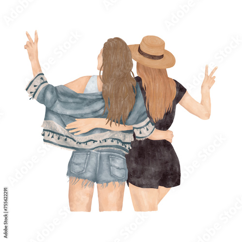 Illustration of girlfriends showing a peace sign