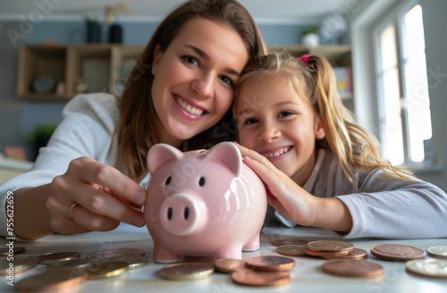 Happy mother and her smiling little girl together with a pink piggy bank on a table at home, focusing on it, making a collage of coins in her hand. Financial education concept