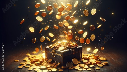 An open treasure chest spilling an abundance of glowing gold coins on a dark wooden surface, representing wealth and discovery.