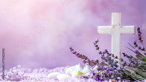 A Purple Background Adorned with a Crucifix, Surrounded by the Soothing Scent of Lavender