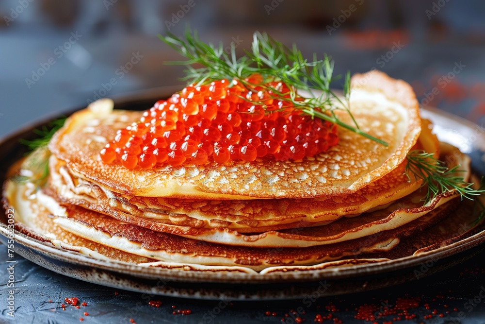 Russian pancakes with red caviar. Image for cafe menu, Banner Russian pancakes with red caviar. Image for cafe menu, Banner