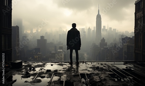 Man Standing on Roof in City