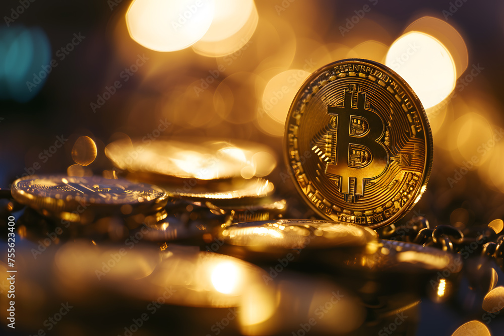 Golden bitcoin on the background of bokeh lights. Cryptocurrency concept.Golden Bitcoin Amidst Sparkling Lights Golden bitcoin on the background of bokeh lights. Cryptocurrency concept.Golden Bitcoin Amidst Sparkling Lights