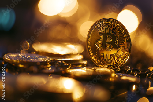 Golden bitcoin on the background of bokeh lights. Cryptocurrency concept.Golden Bitcoin Amidst Sparkling Lights