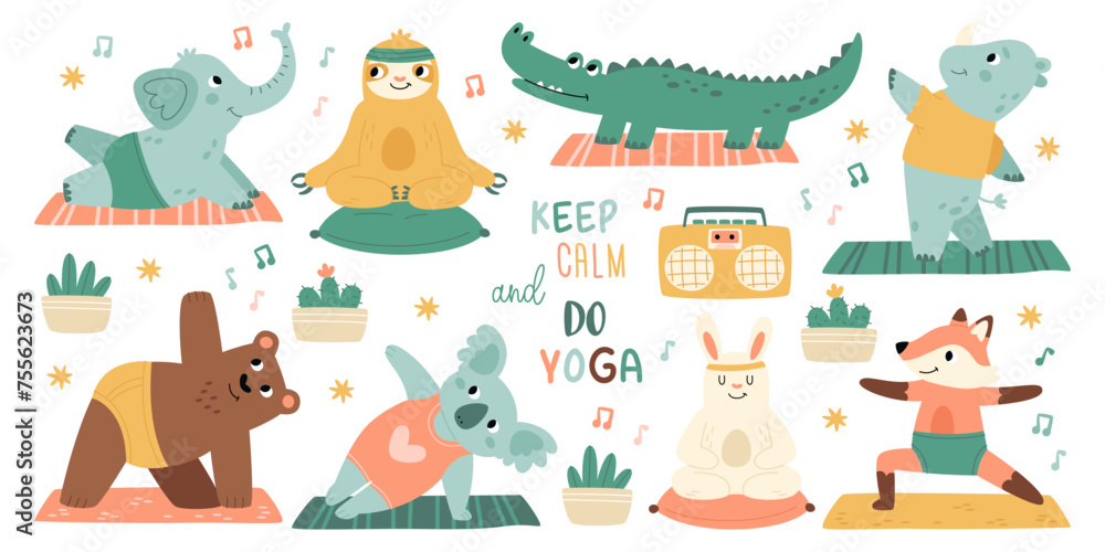 Naklejka premium Cute animals characters doing yoga, breathing and meditating for stress relief and health care