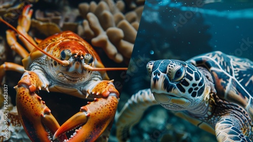 Two pictures of a turtle and turtle and lobster chimera in the ocean, AI