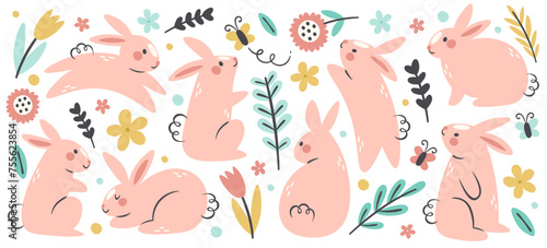 Cute Easter bunny, funny little rabbit characters jumping, sitting, playing surrounded plant leaves