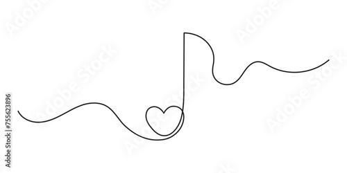 Musical note heart one line art,hand drawn continuous contour outline.Love music composition concept,minimalist romantic design,song for Valentines day February 14.Editable stroke.Isolated.Vector