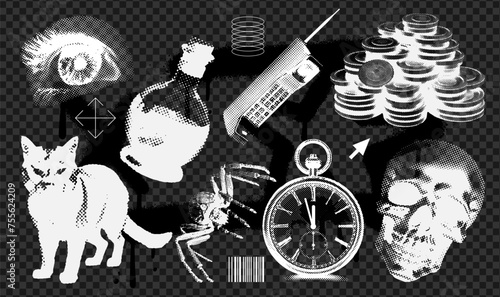 Retro negative photocopy effect futuristic grunge elements collection for design. Abstract three-dimensional skull, cat, eye, cellphone, clock, spider. Vector illustration for poster, banner, sticker photo