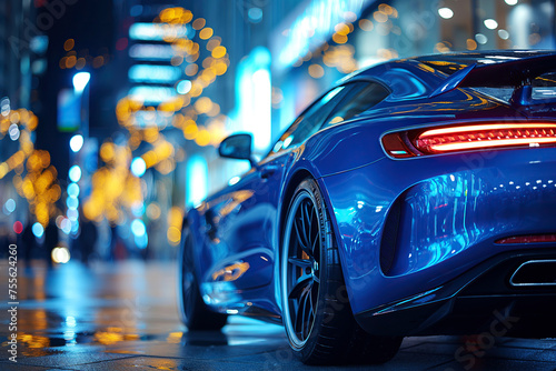 luxury blue sports car on road at night. Taillight close up photo