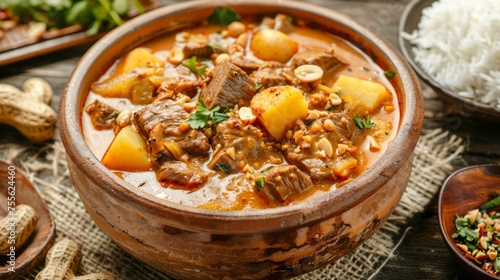 Traditional African Peanut Stew with Beef, Potatoes, and Rice in Rustic Wooden Bowl on Table