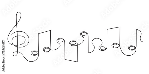 Treble clef and musical notes one line art, hand drawn continuous contour outline.Love music composition concept,minimalist template melody art design.Editable stroke.Isolated.Vector illustration