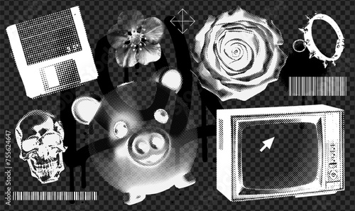 Retro negative halftone elements set for grunge mixed media design. Piggy bank, skull, rose head, TV in retro photocopy effect texture, dotted pop art style. Vector illustration of vintage art