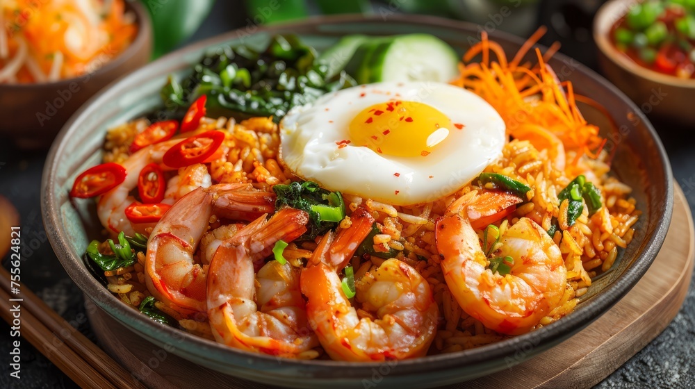Spicy Shrimp Fried Rice with Vegetables, Fried Egg, and Fresh Herbs Served in a Wooden Bowl on Textured Background Spicy Shrimp Fried Rice with Vegetables, Fried Egg, and Fresh Herbs Served in a Wooden Bowl on Textured Background
