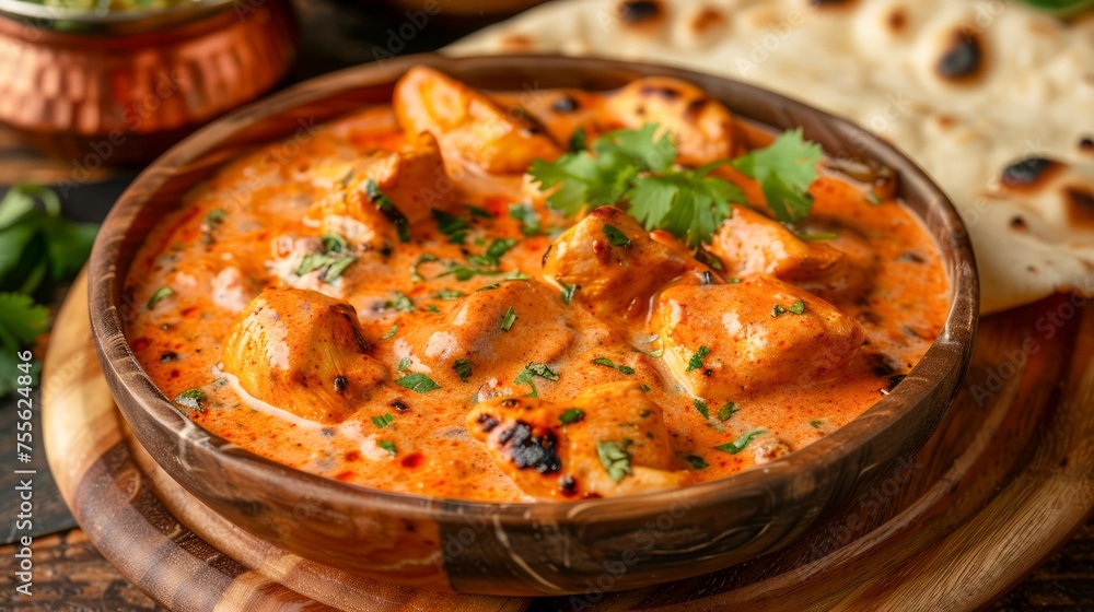 Delicious Chicken Tikka Masala Served with Fresh Naan Bread in a Rustic Wooden Setting Traditional Indian Cuisine Delicious Chicken Tikka Masala Served with Fresh Naan Bread in a Rustic Wooden Setting Traditional Indian Cuisine