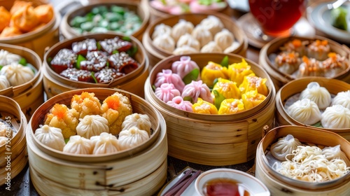 Assorted Dim Sum in Bamboo Steamers on a Table with Tea and Condiments: Traditional Chinese Cuisine