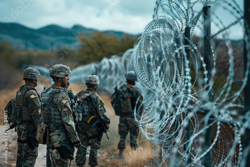 Military and border guards with weapons stand along the border with barbed wire, guarding the border from illegal immigrants