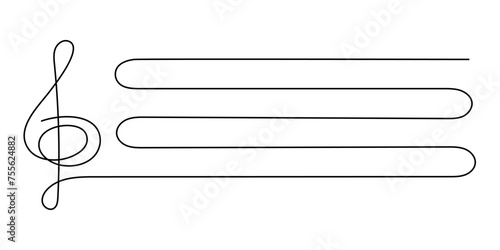 Treble clef stave one line art, hand drawn continuous contour outline.Love music composition concept,minimalist template melody art design.Editable stroke.Isolated.Vector illustration