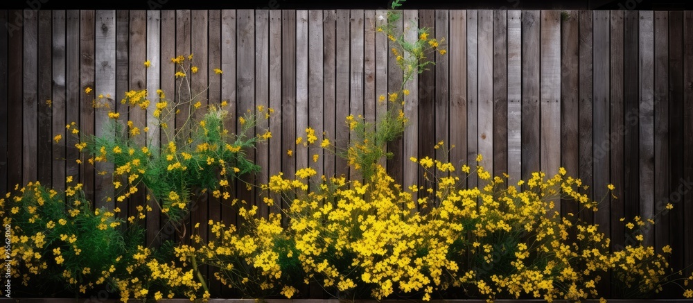 Obraz premium A wooden fence is adorned with a plethora of yellow flowers, intertwining themselves between the slats. The vibrant flowers contrast beautifully against the rustic wood of the fence.