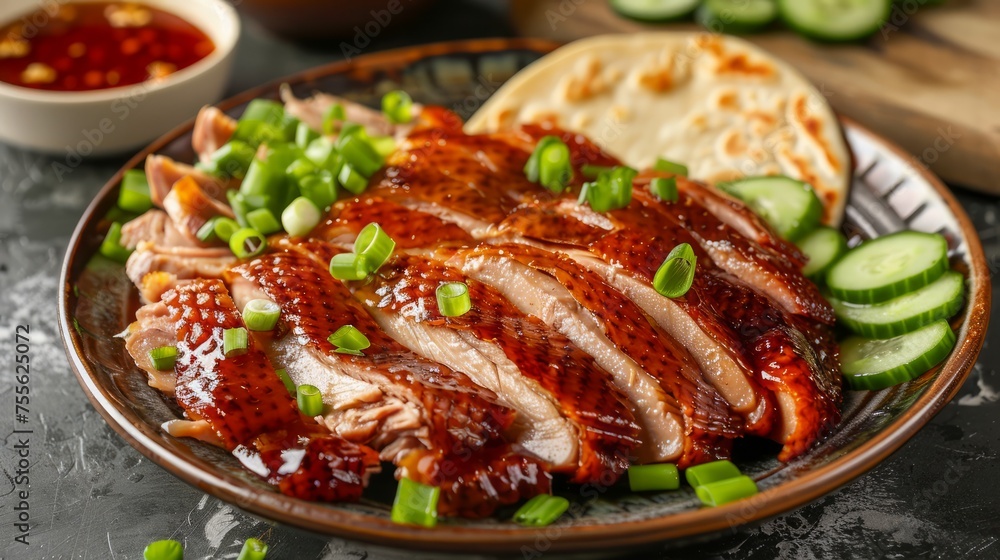 Delicious Sliced Peking Duck Served with Sauce and Traditional Pancakes on Ceramic Plate with Fresh Cucumbers