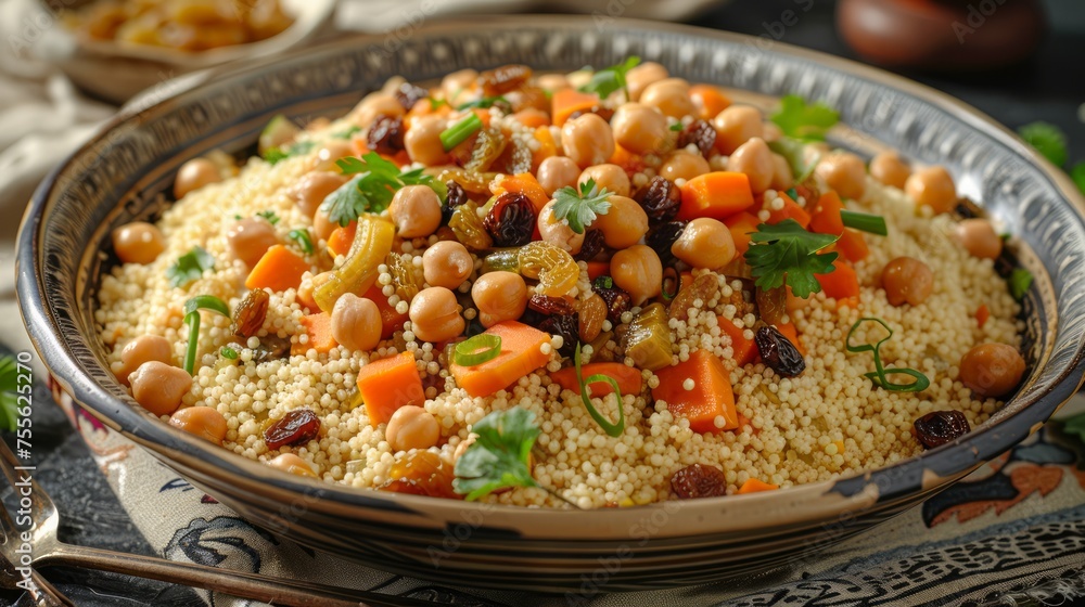 Traditional Moroccan Couscous Dish with Chickpeas, Raisins, and Vegetables Garnished with Fresh Parsley Traditional Moroccan Couscous Dish with Chickpeas, Raisins, and Vegetables Garnished with Fresh Parsley