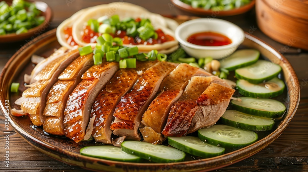 Delicious Sliced Roast Duck Served with Cucumbers and Scallions on Wooden Board, Asian Cuisine Delicious Sliced Roast Duck Served with Cucumbers and Scallions on Wooden Board, Asian Cuisine