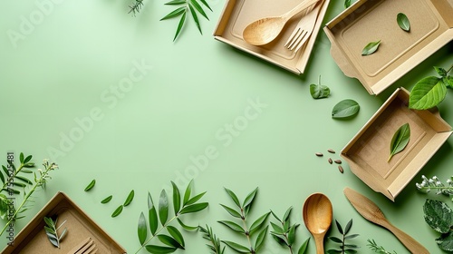 Disposable paper cutlery made of recycled materials and brown craft paper with a green backdrop and showcasing the zero waste and plastic rejection concept, Generative AI. photo