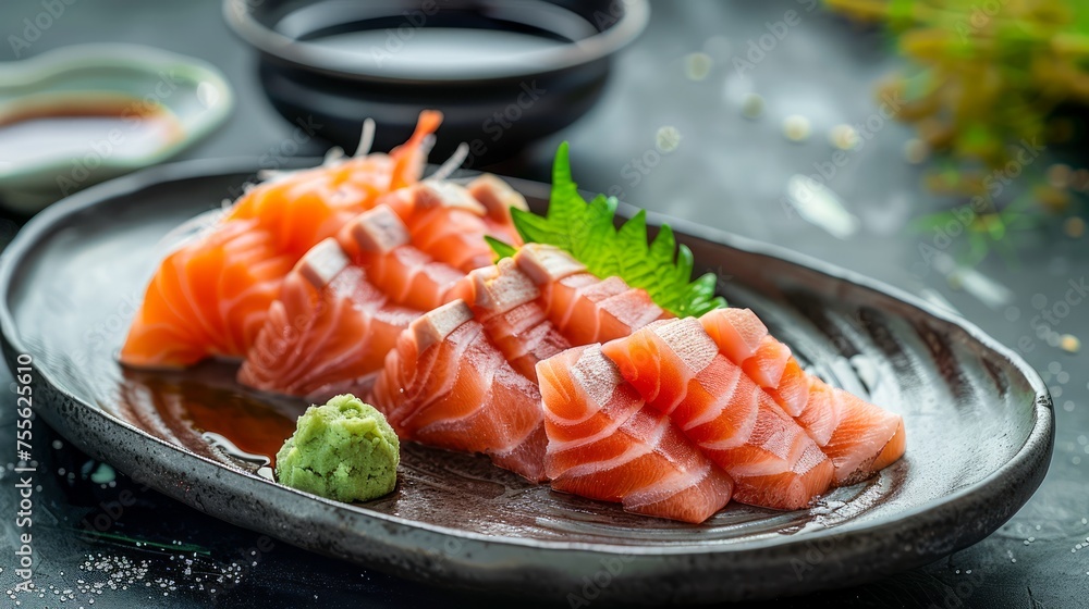 Fresh Sashimi Slices of Salmon with Wasabi and Soy Sauce on Dark Stone Background in Traditional Japanese Cuisine Style Fresh Sashimi Slices of Salmon with Wasabi and Soy Sauce on Dark Stone Background in Traditional Japanese Cuisine Style
